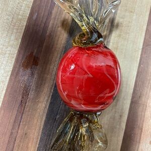 Hand-Blown Art Glass Candy Paperweight – Red & Amber Swirl – Vintage Décor